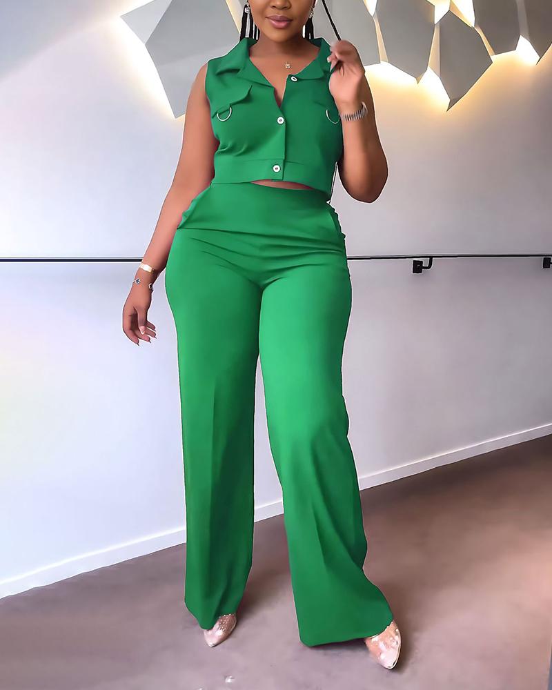 

Sleeveless Turn-down Collar Top & Pants Set, Green