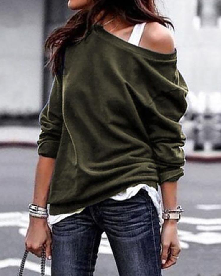 

Solid Skew Neck Long Sleeve Casual T-Shirt, Army green