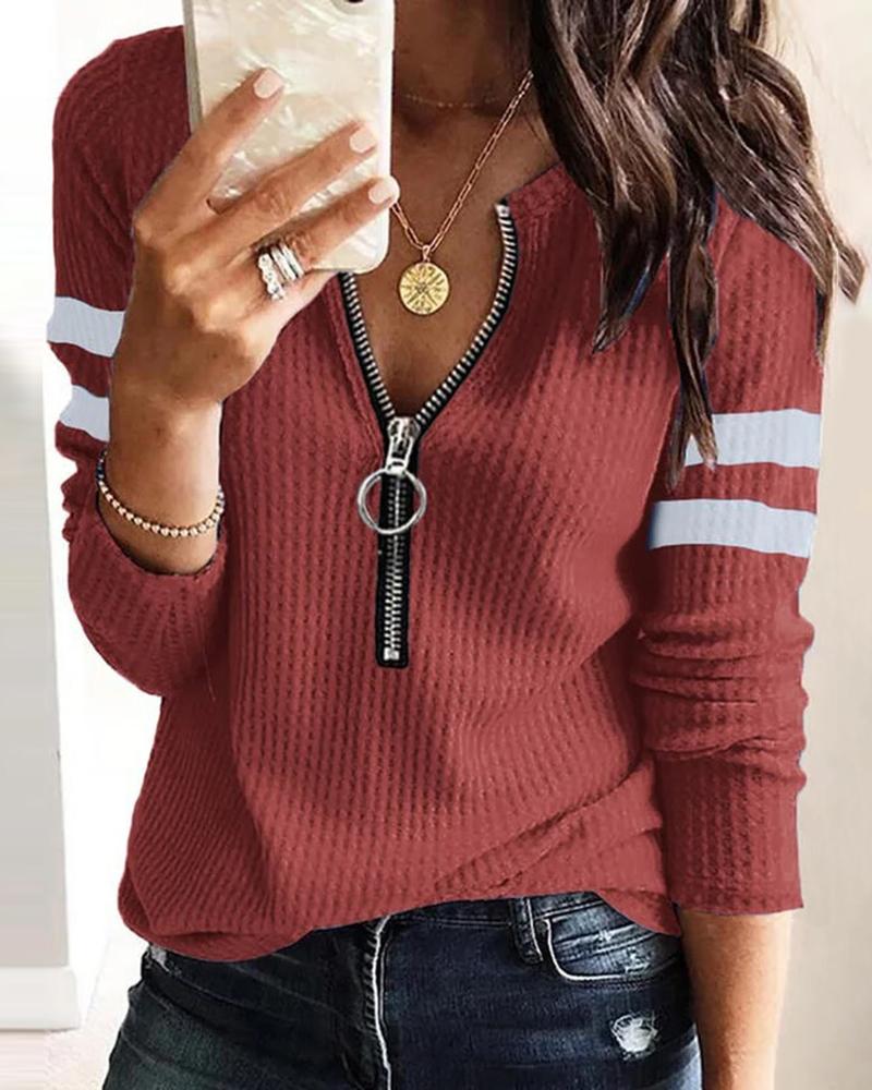 

Striped Print Zipper Front Long Sleeve Top, Red