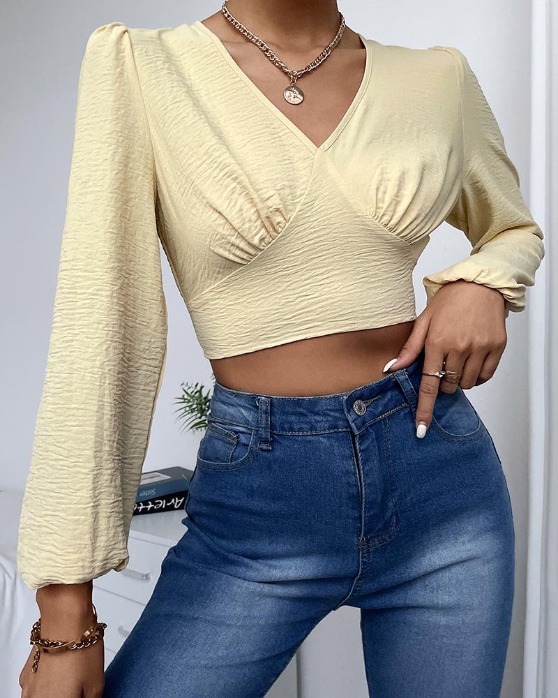 

Tied Detail Backless Lantern Sleeve Crop Top, Light yellow