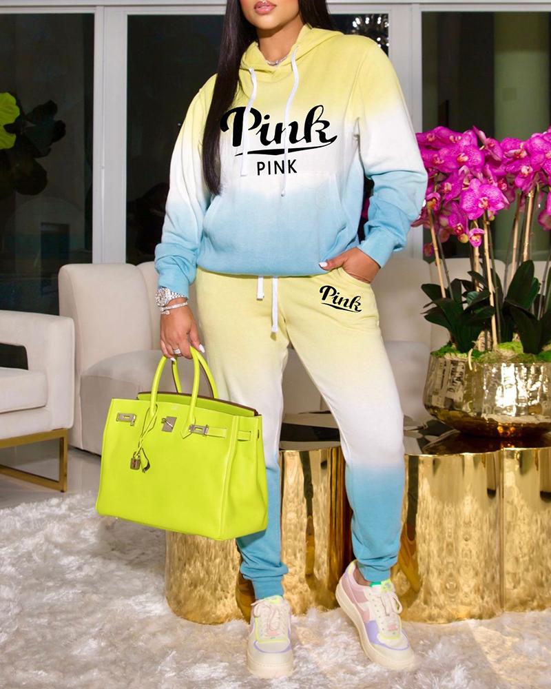 

Letter Print Ombre Colorblock Hooded Sweatshirt & Pants Set, Yellow
