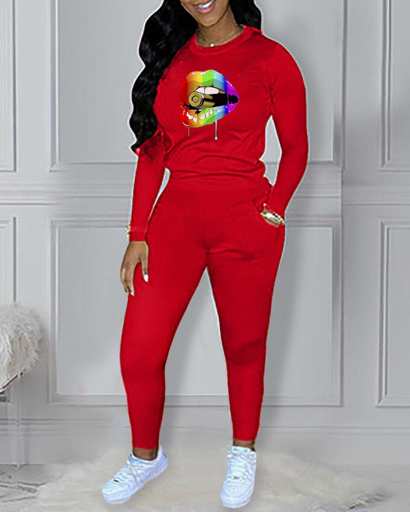 

Lip Print Long Sleeve Casual Top & Pants Set, Red