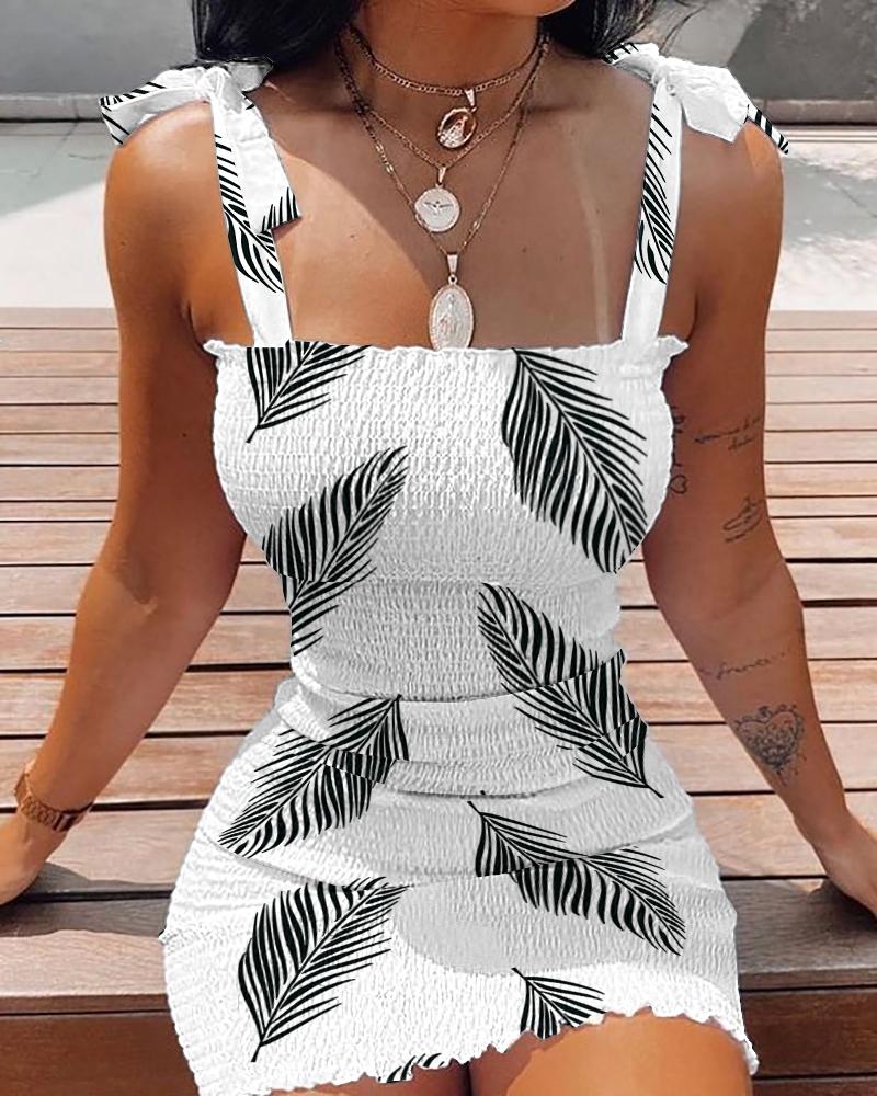 Leaf Print Tied Detail Shirred Bodycon Dress