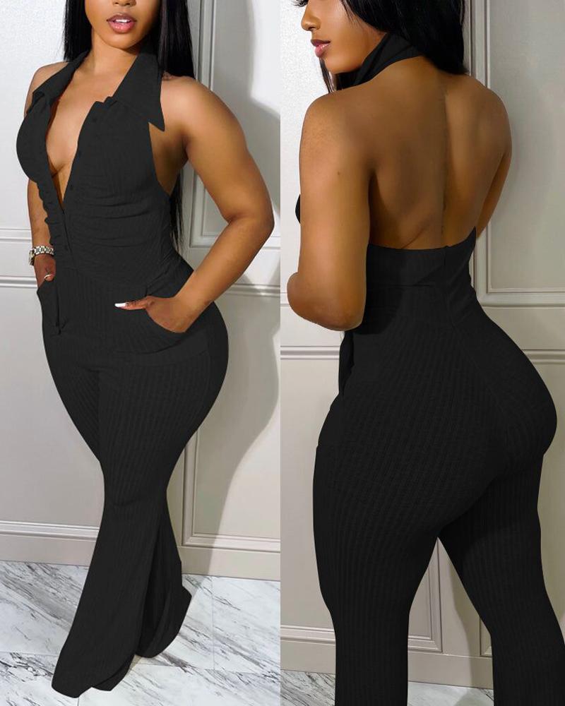 

Button Front Ruched Halter Backless Jumpsuit, Black