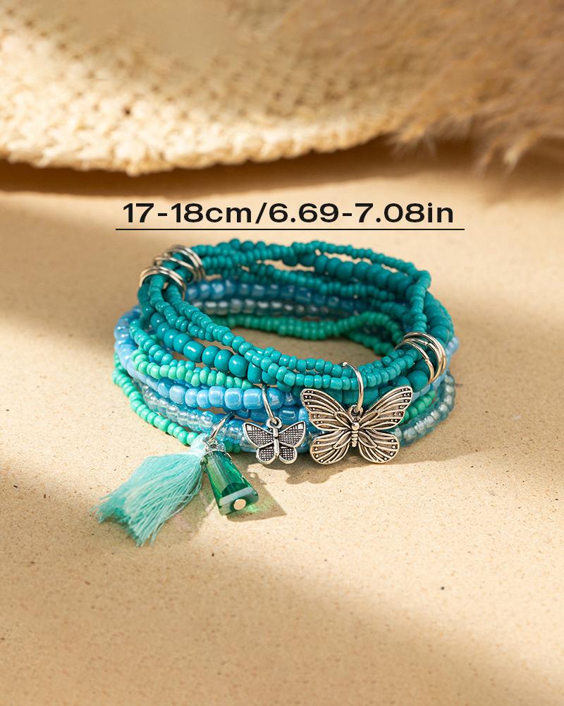 

5pcs Butterfly Pattern Tassel Bracelet Set, Blue