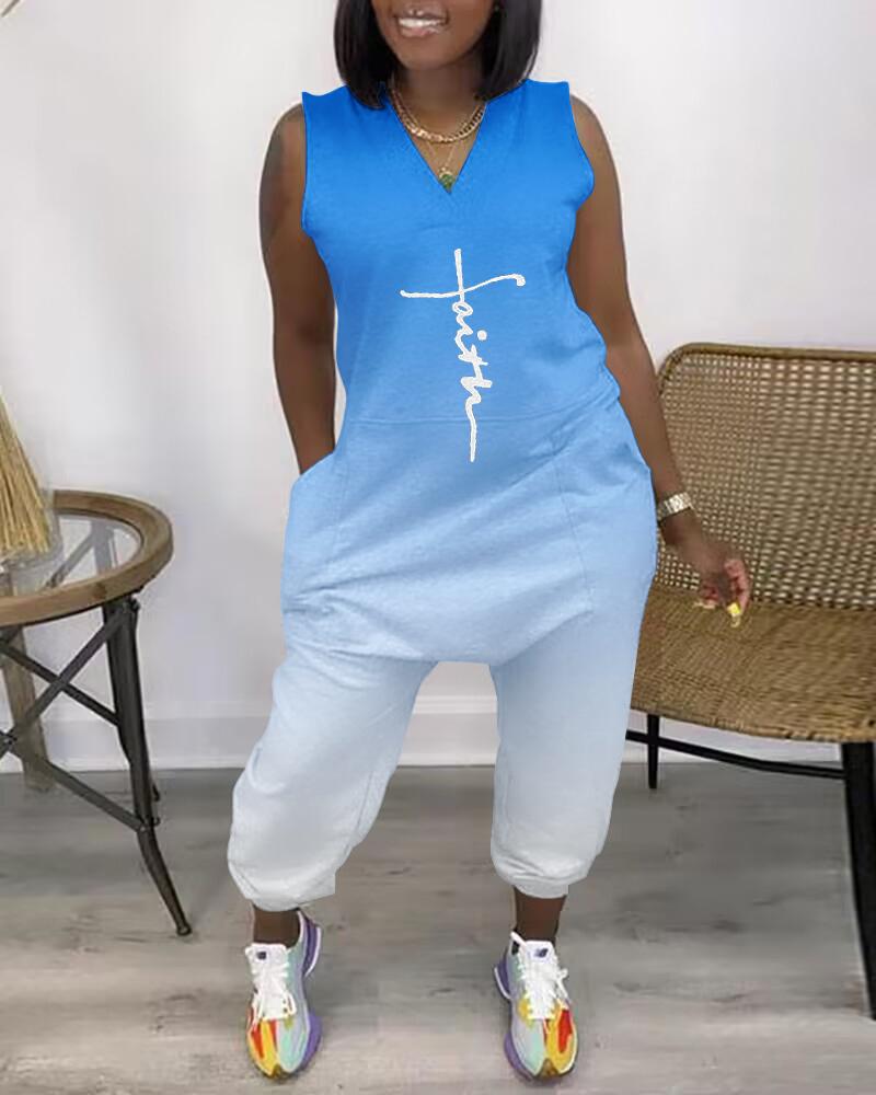 

Faith Letter Print Ombre Pocket Design Jumpsuit, Blue