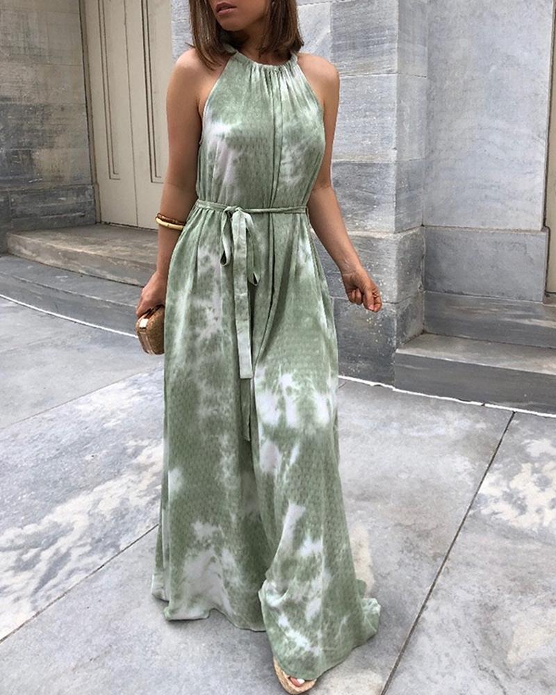 

Tie Dye Print Knotted Back Maxi Dress, Green