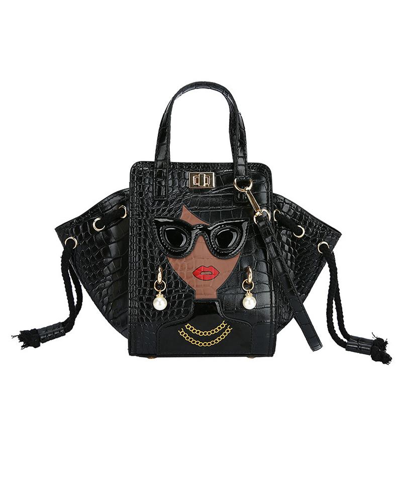 

Crocodile Figure Pattern Bucket Handbag, Black