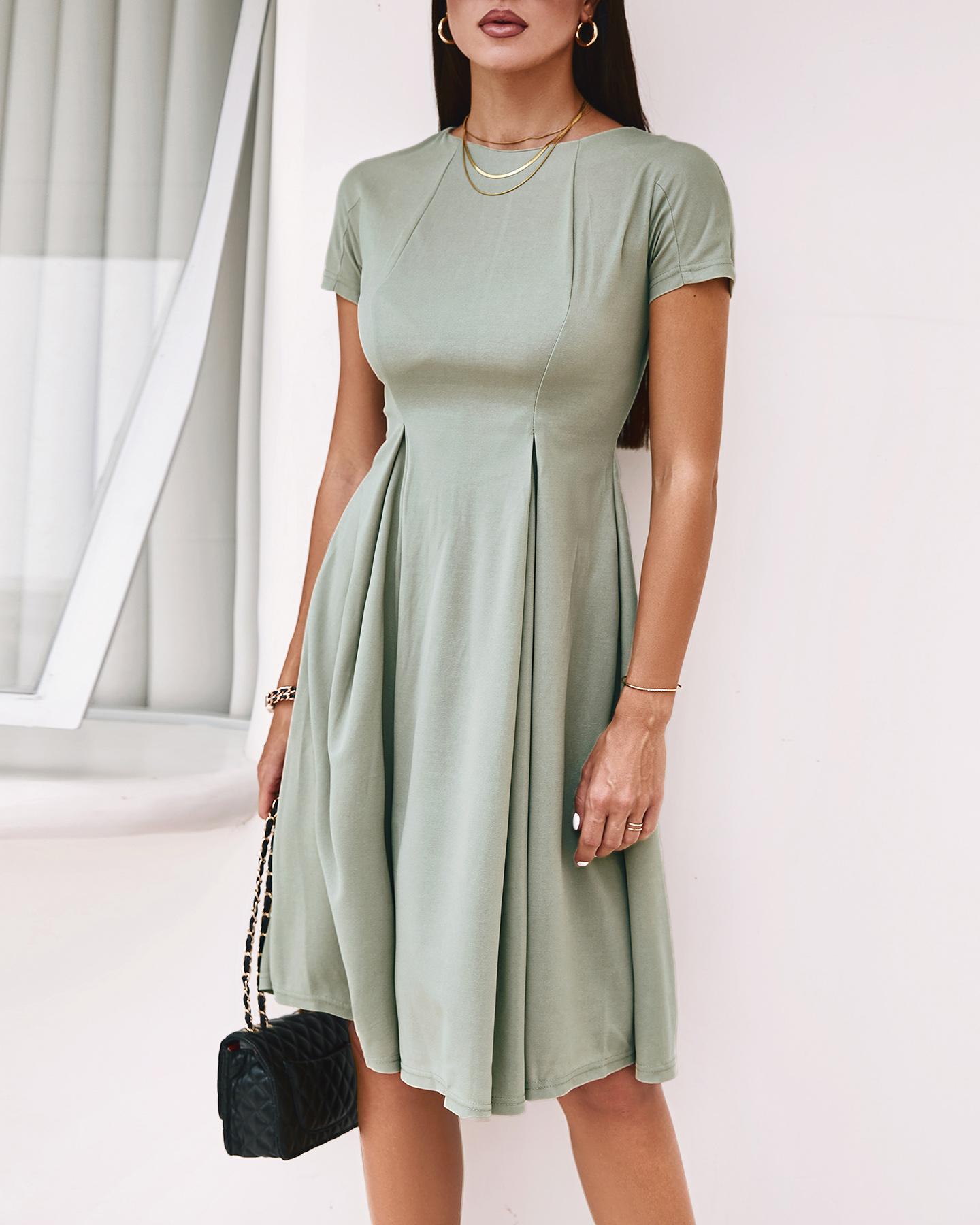 

Short Sleeve Pleated Casual Dress, Green