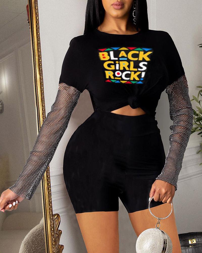 

Sheer Mesh Rhinestone Letter Print Top & High Waist Shorts Set, Black