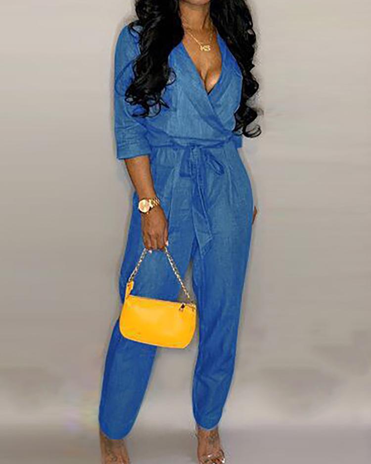 

V-Neck Belted Denim Casual Jumpsuit, Blue