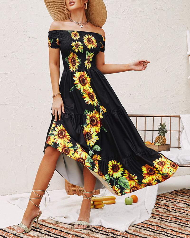 

Off Shoulder Sunflower Print Shirred Maxi Dress, Black