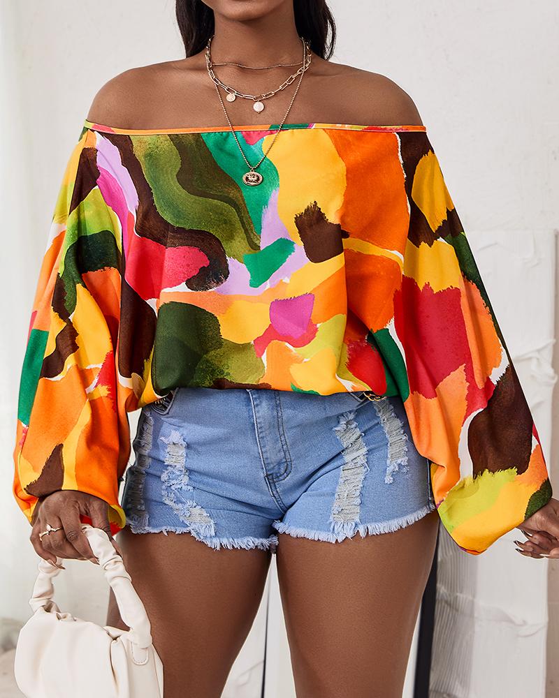 

Off Shoulder Allover Print Lantern Sleeve Top, Multicolor