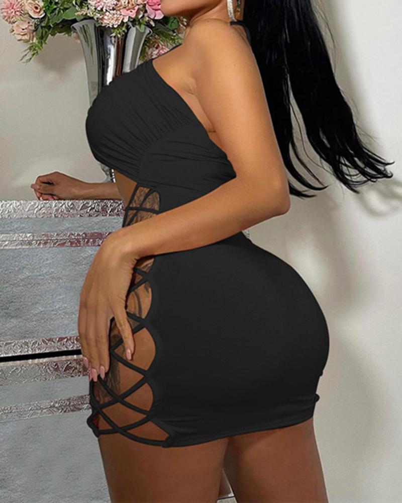 

Solid Halter Cut-Out Lace-Up Side Bodycon Dress, Black