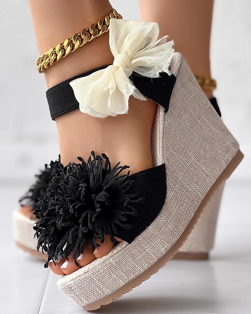 

Floral Pattern Bowknot Decor Platform Wedge Sandals, Black