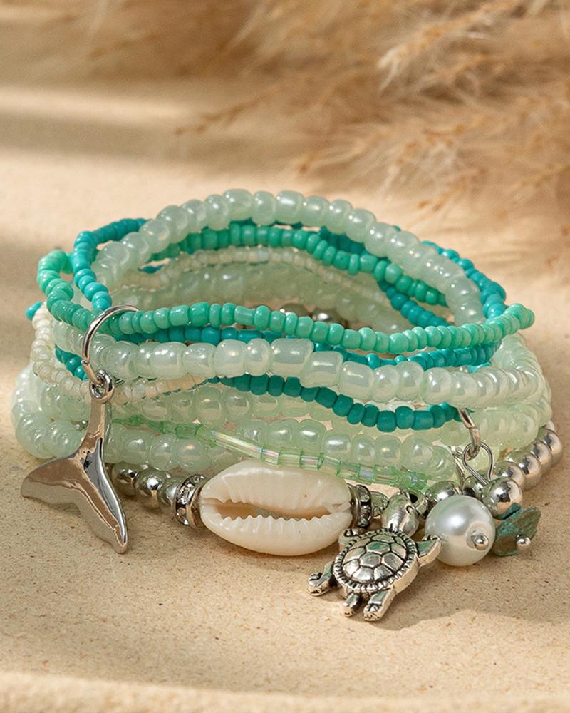 

3pcs Colorblock Fishtail & Mermaid Pattern Layered Beaded Bracelets Set, Green