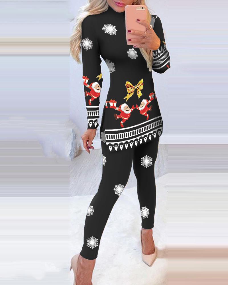 

Christmas Santa Snowflake Print Top & Pants Set, Black