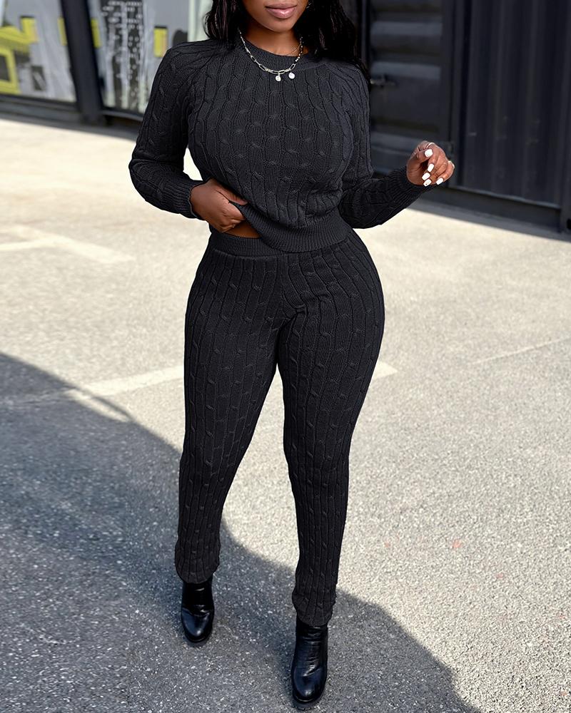 

Long Sleeve Cable Knit Sweater & Pants Set, Black