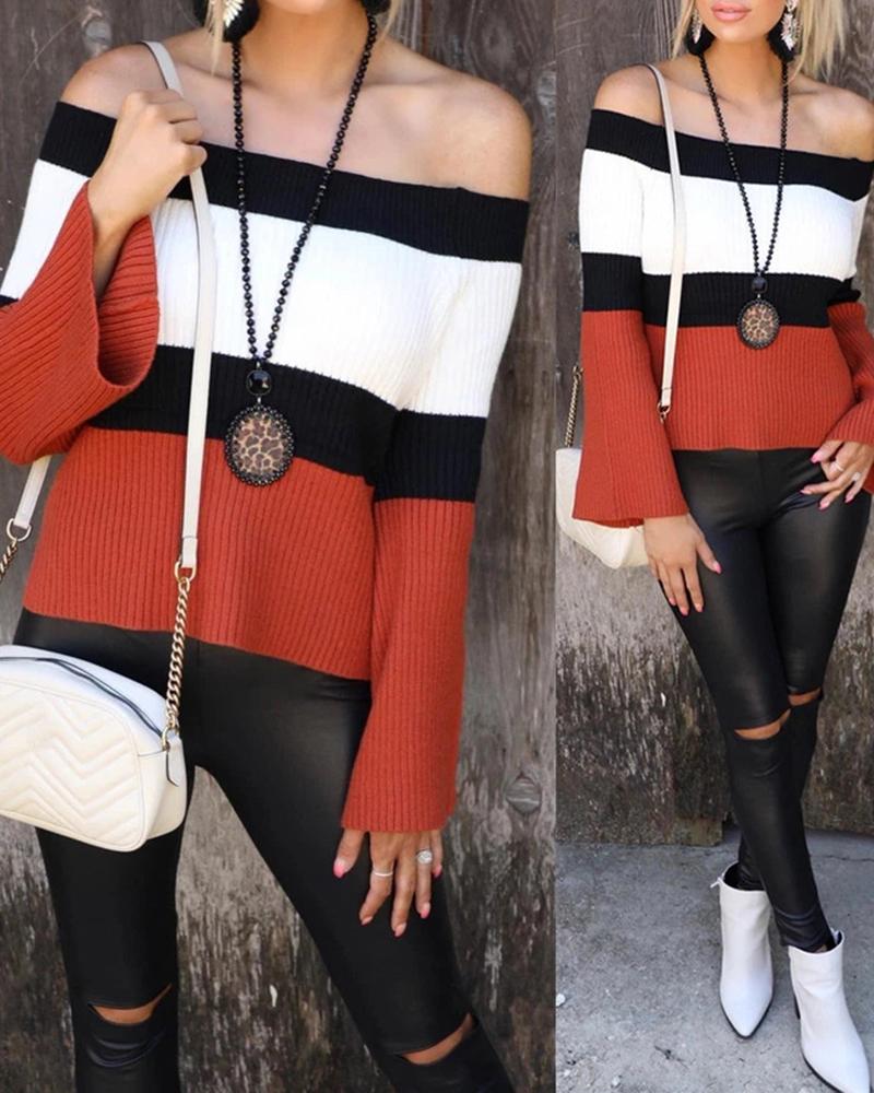 

Colorblock Off Shoulder Bell Sleeve Knit Sweater, Red