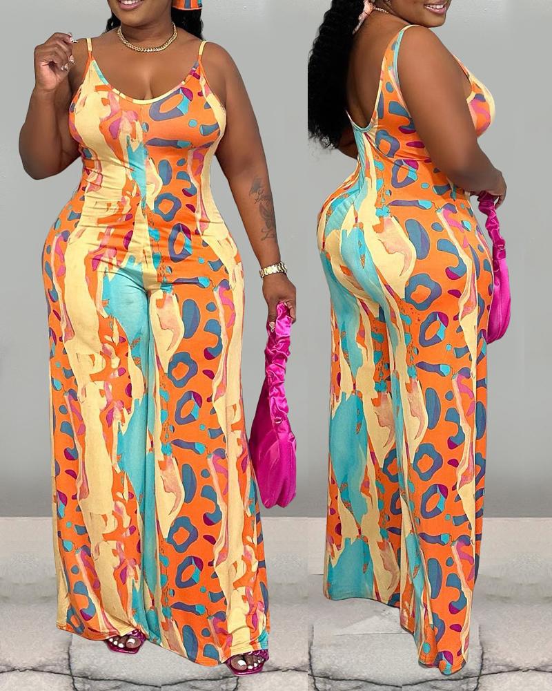 

Leopard Print Wide Leg Casual Jumpsuit, Orange