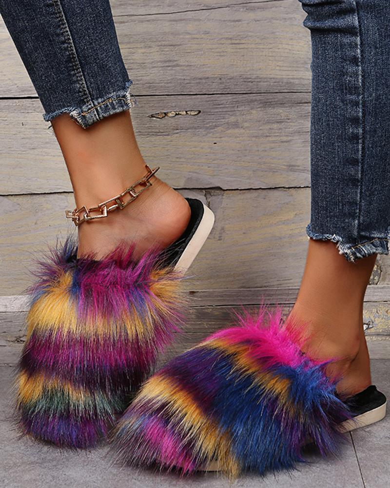 

Fluffy Colorblock Round Toe Slippers, Multicolor