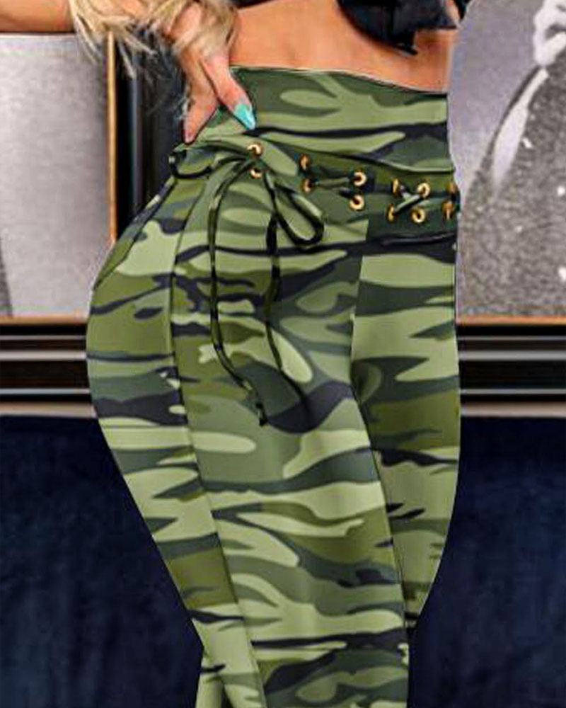 

Camo Print High Waist Eyelet Lace-Up Skinny Pants, Green