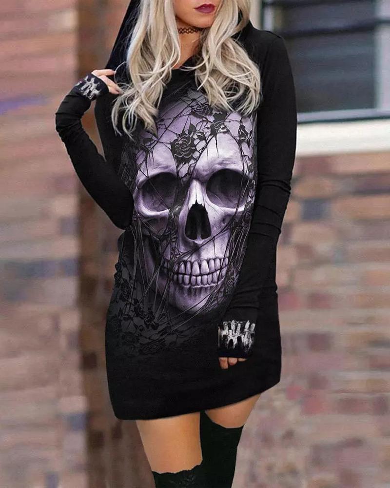 

Halloween Skull Print Hooded Long Sleeve Dress, Black