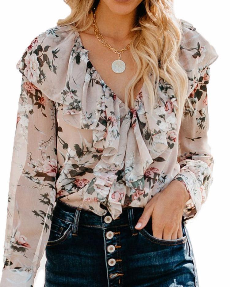 

Ruffle Detail Long Sleeve Floral Blouse, Multicolor