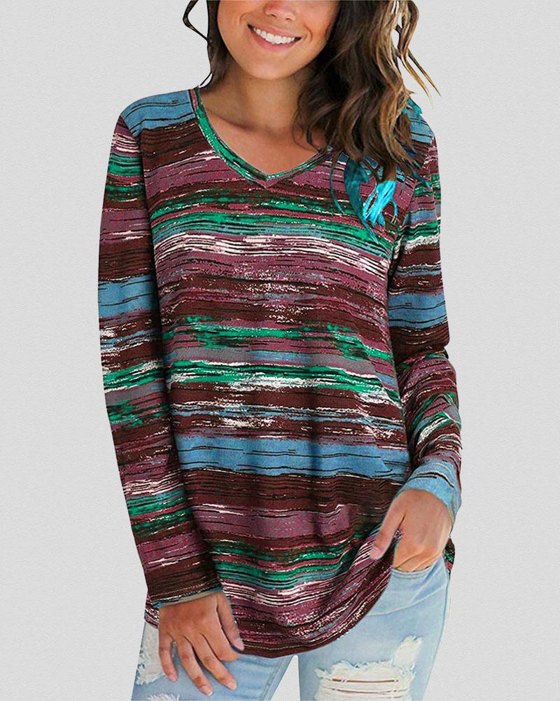 

Rainbow Stripe Long Sleeve Casual Top, Wine red