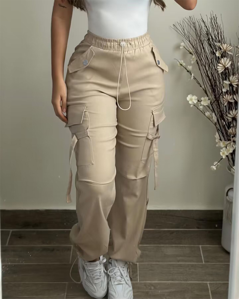 

Pocket Design Drawstring Cuffed Pants, Khaki