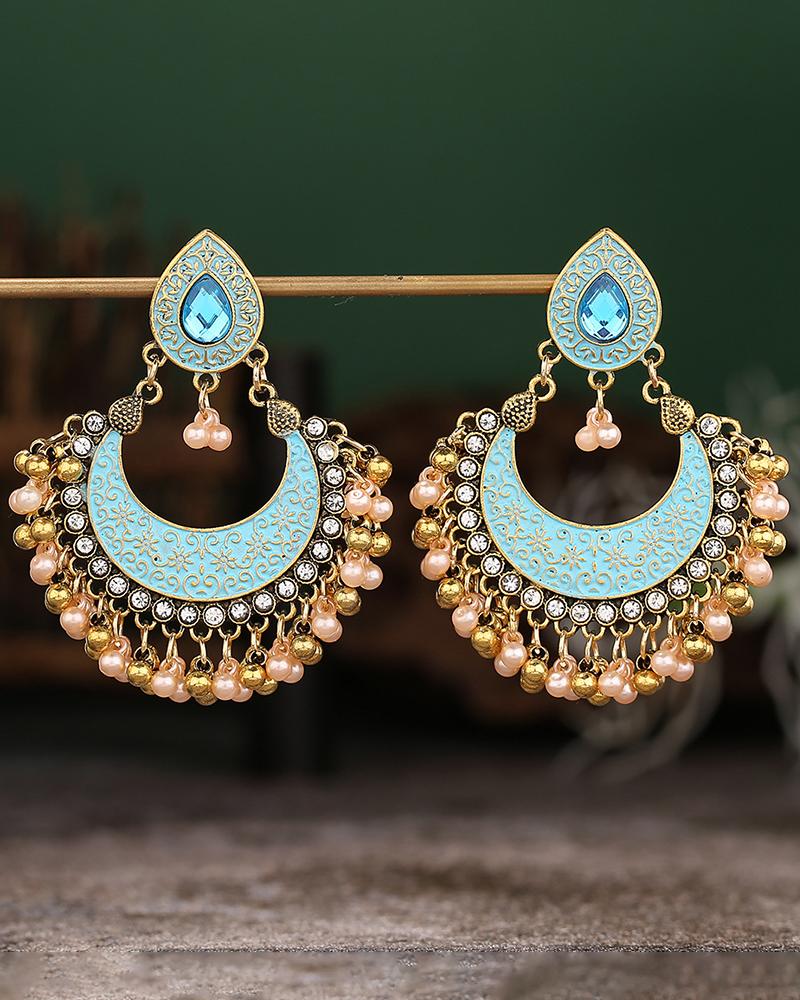 

1Pair Hollow Out Moon Beaded Tassel Geometric Hoop Earrings, Turquoise blue