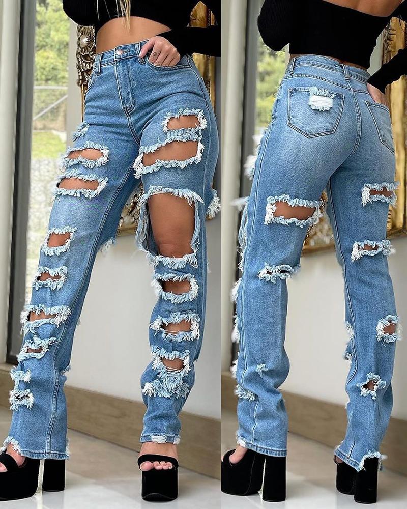 Buy Ripped Cutout Fringe Hem Denim Pants. Picture