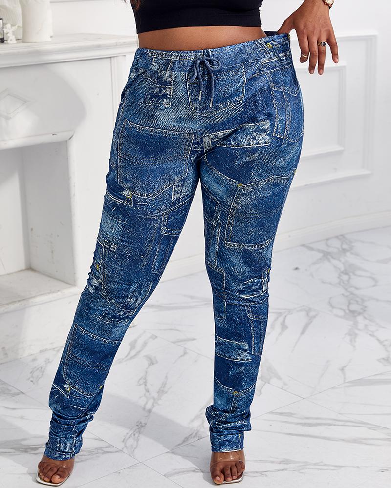 

Plus Size Denim Print High Waist Pants, Dark blue