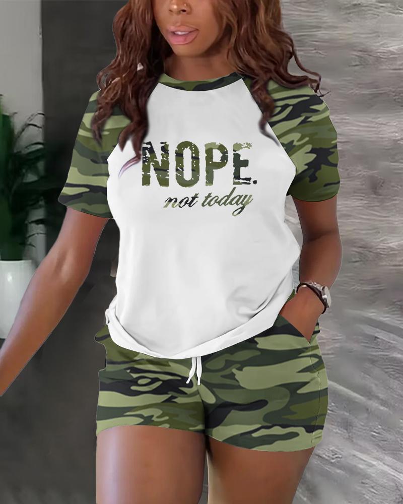 

Camouflage Nope Not Today Print Top & Drawstring Shorts Set, Green