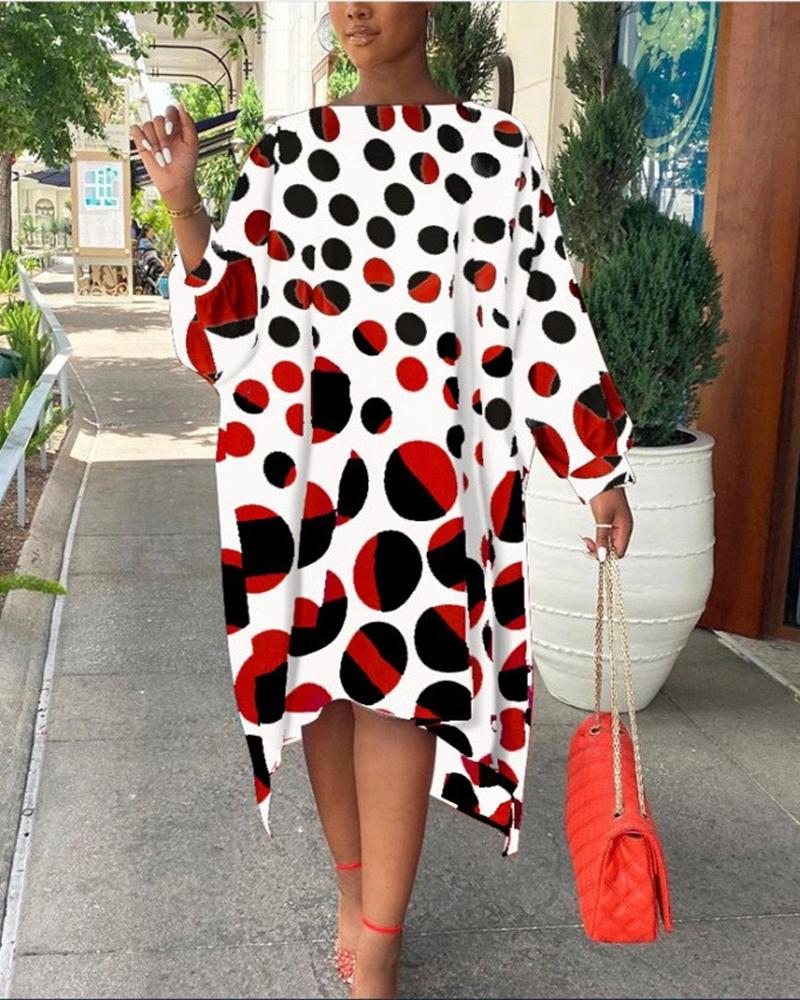 

Plus Size Polka Dot Print Batwing Sleeve Asymmetrical Dress, Red