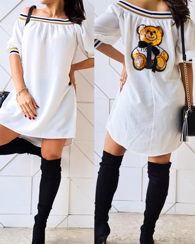 

Bear Pattern Sequins Off Shoulder Casual Top, White