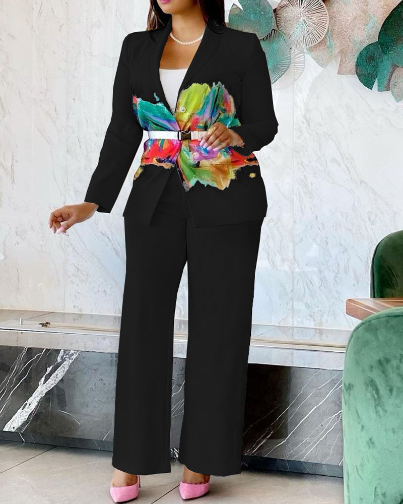 

Abstract Print Button Front Blazer & Straight Leg Pants Set, Black