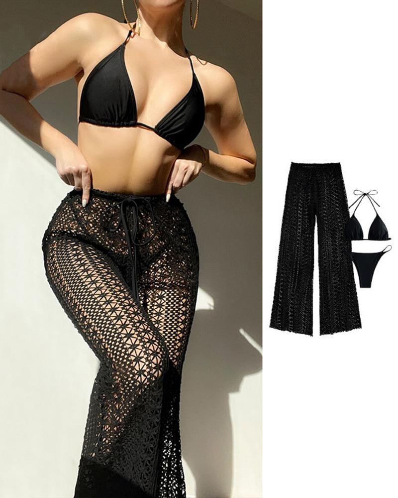

3PCS Halter Bikini Set With Hollow Out Cover Up Pants, Black