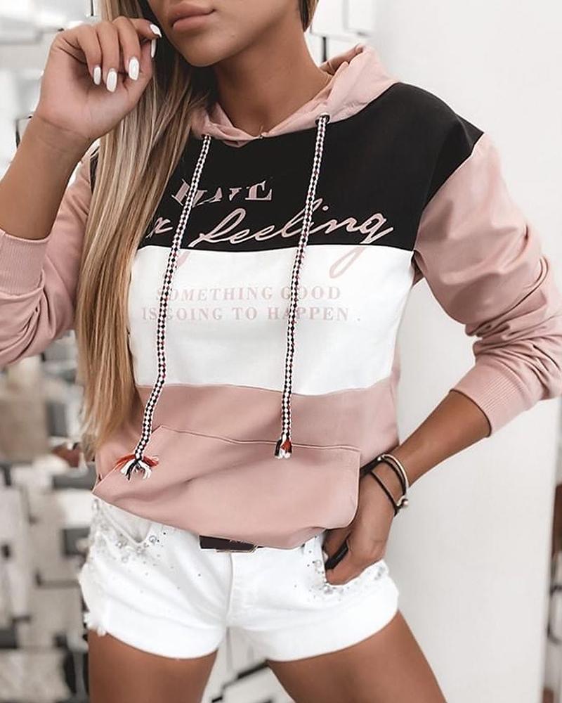 

Letter Print Pocket Design Casual Hooded Sweats, Pink
