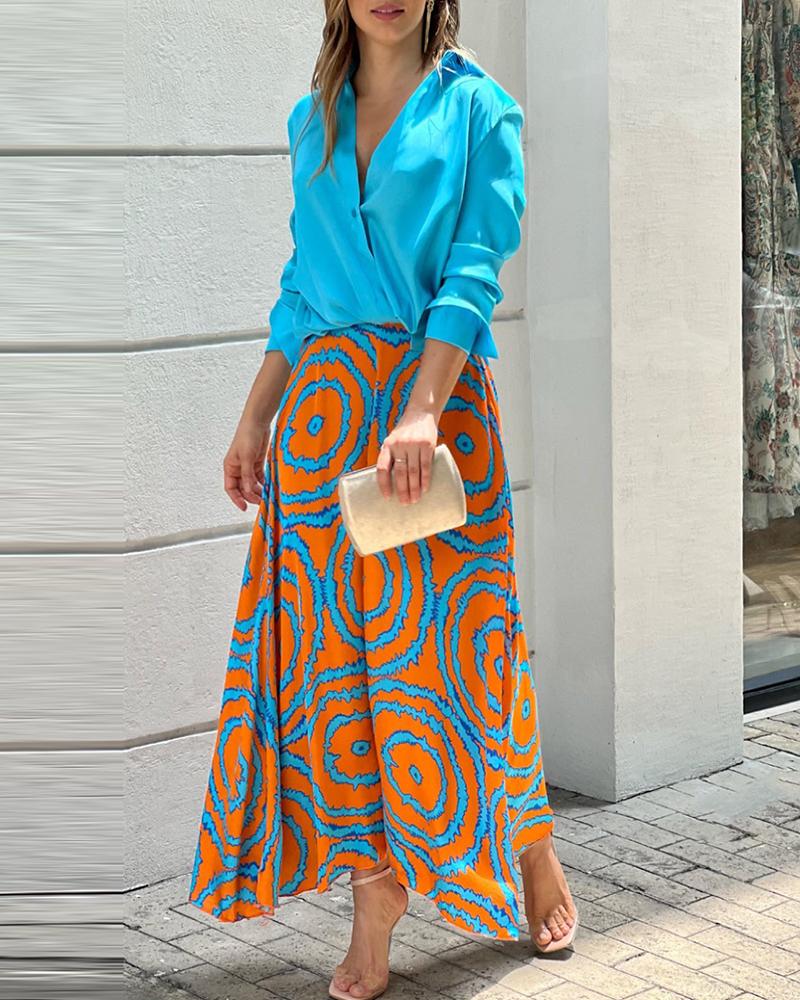 

Plain Buttoned Shirt & Abstract Print Maxi Skirt Set, Turquoise blue