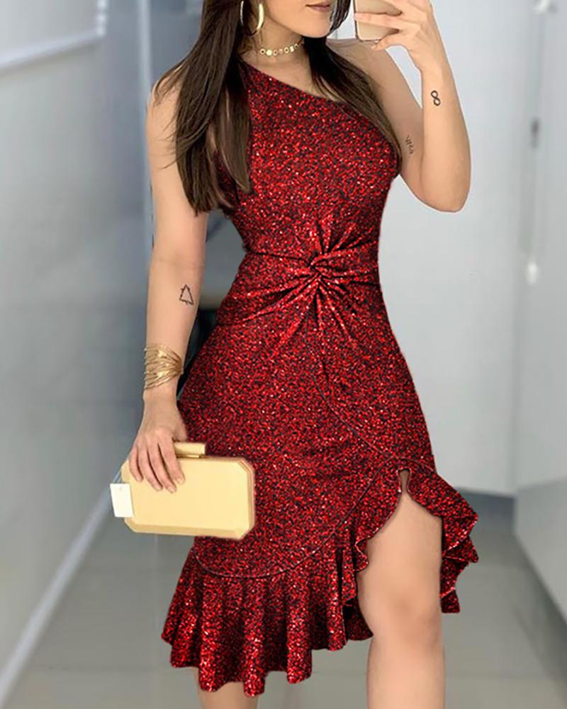 

Glitter One Shoulder Twisted Ruffled Dress, Red