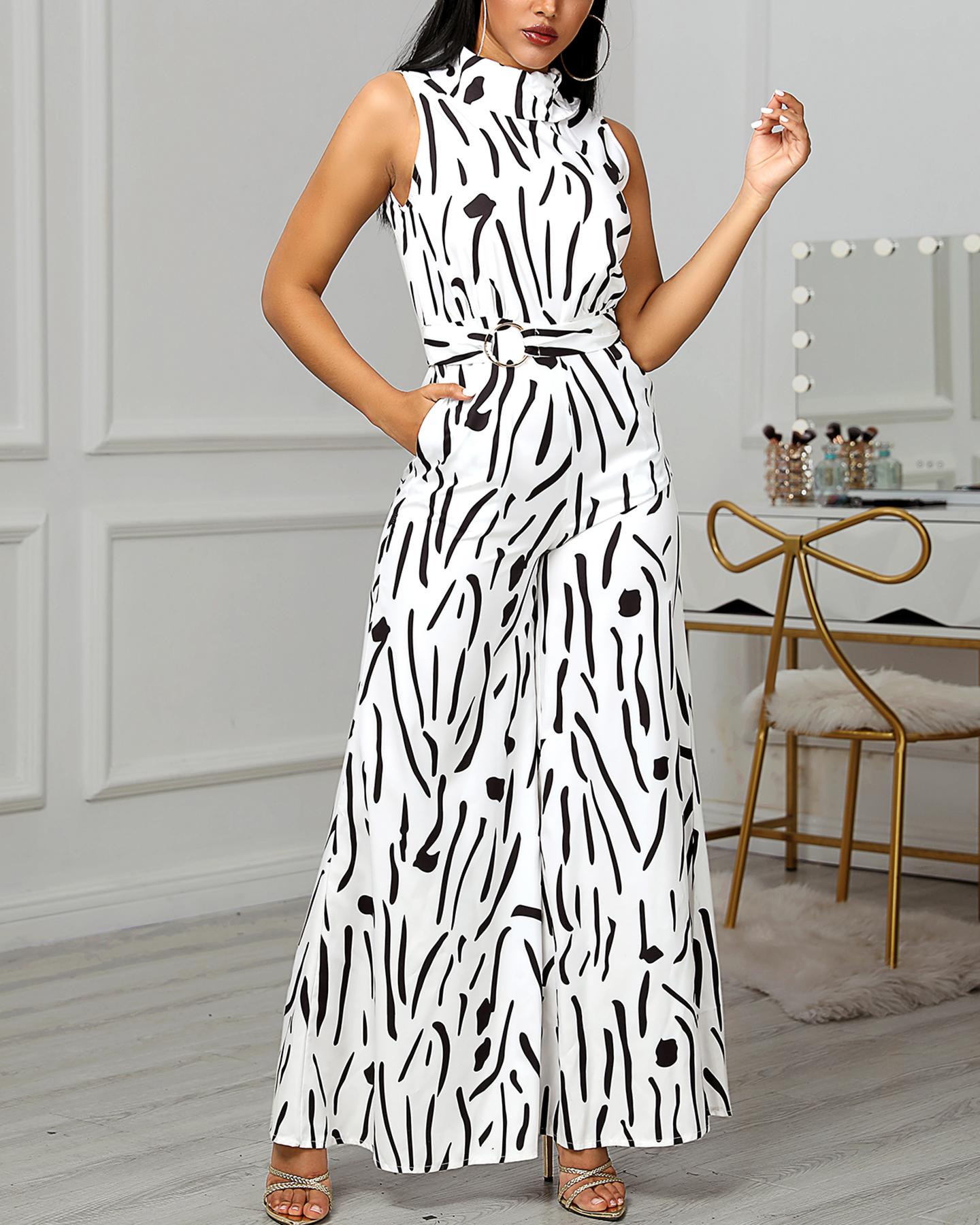 

Abstract Print Sleeveless Wide Leg Jumpsuit, Black