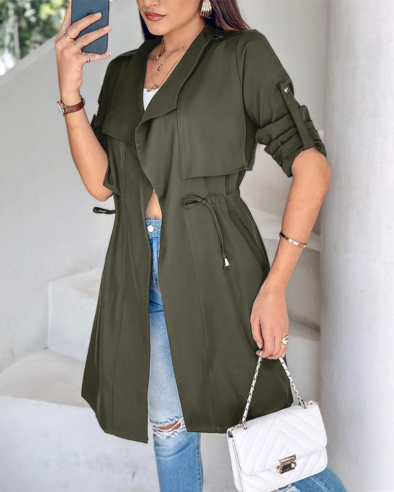 

Roll Tab Sleeve Drawstring Trench Coat, Army green