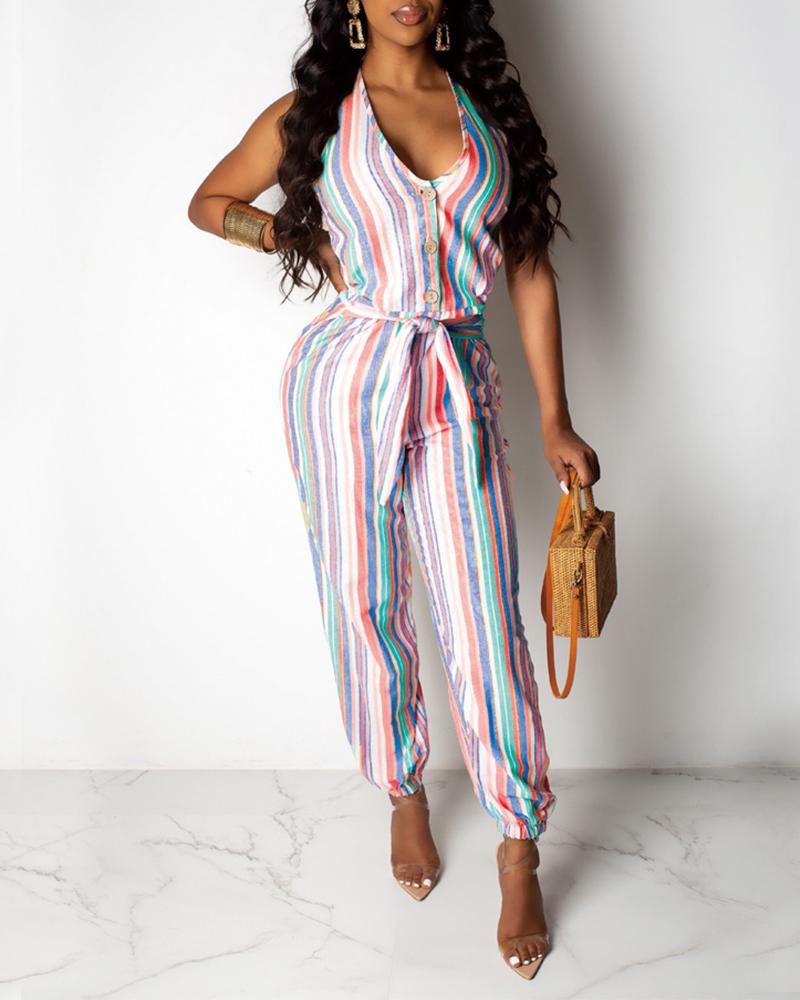 

Colorful Striped Sleeveless Buttoned Jumpsuit, Blue