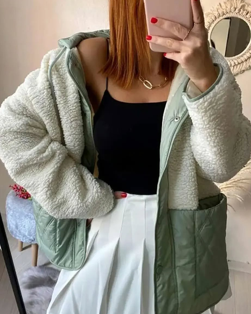 

Manteau à capuche en polaire avec patch, design décontracté avec poches, manteau d'hiver ample, Light green
