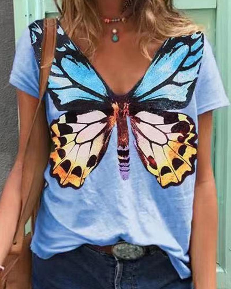 

Butterfly Print Short Sleeve Loose T-shirts, Blue