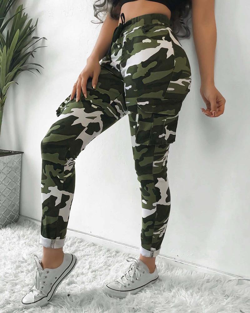 

Camouflage Print Long Cargo Pants, White