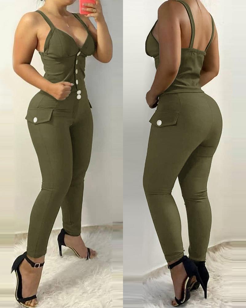 

Spaghetti Strap Buttoned Top & Pants Set, Green