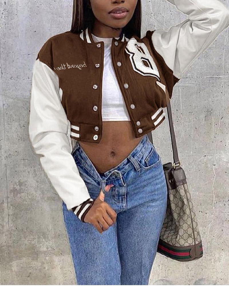 

Embroidery Letter PU Leather Patch Bomber Jacket, Coffee