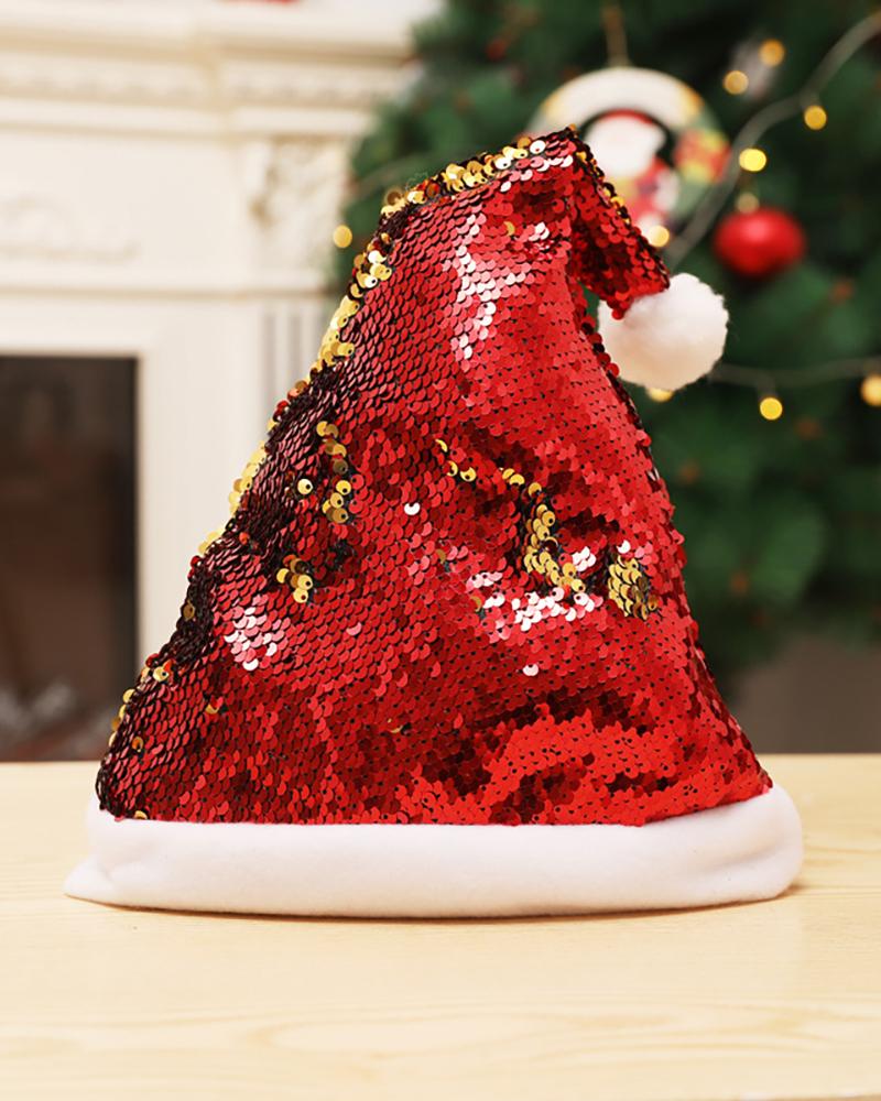 

1pc Christmas Sequins Pom Pom Hat, Red